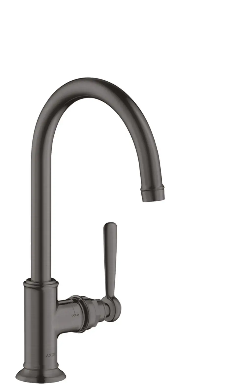 Ein AXOR-Waschtischmischer mit hoch gebogenem Auslauf und seitlichem Hebelgriff. Die Oberfläche ist in gebürstetem Schwarzchrom gehalten.